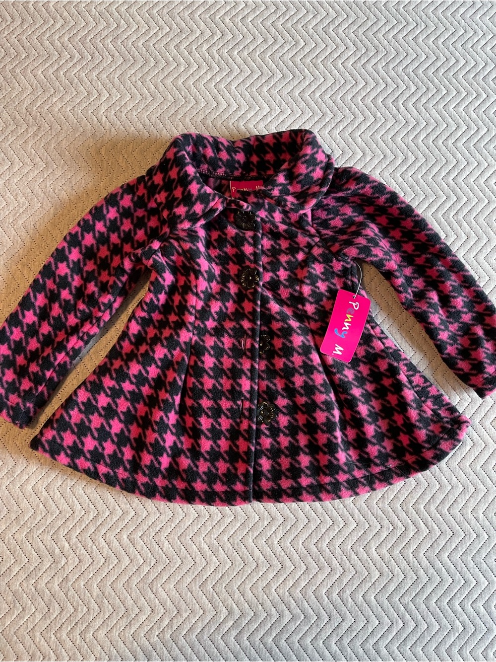 Penelope Mack Pink & Black Houndstooth Girls' Pea Coat
